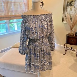 Worn once!  Parker size M off the shoulder floral dress in blue, white and black